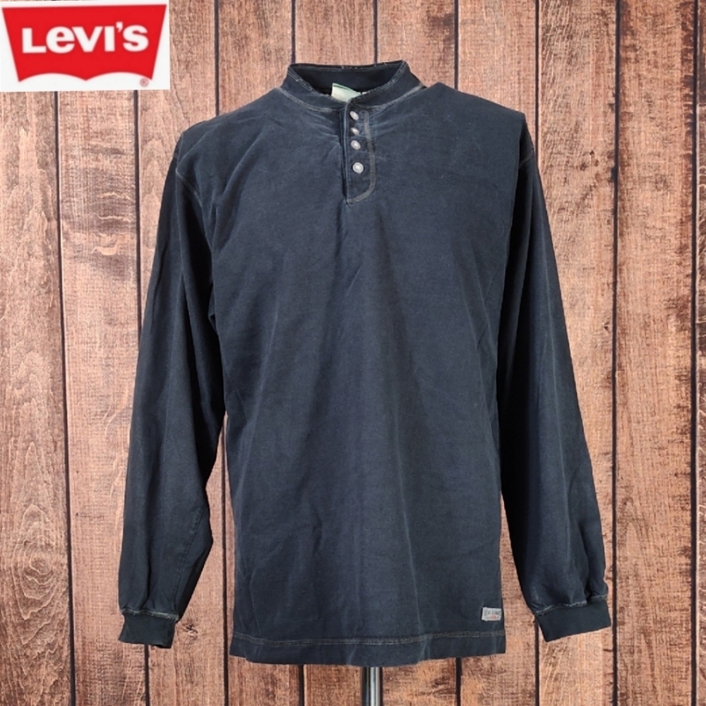Vtg '90's Mens Levis Black Four Button Henley Collar Long Sleeve